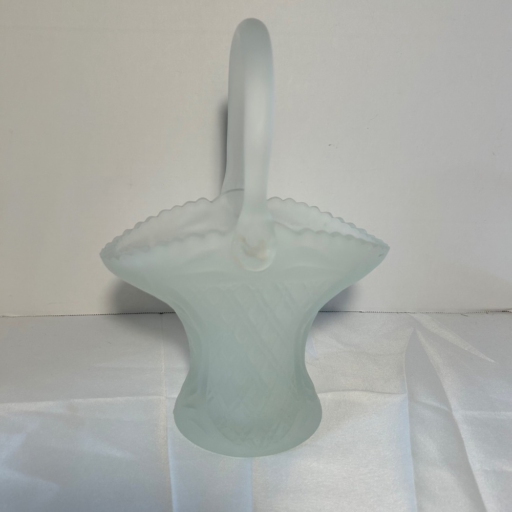 Vintage Frosted Glass Flower Basket Trinket Dish Candy Bowl Handle Etched Design